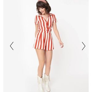 NWT Unique Vintage Retro Rust Ivory Stripe Romper